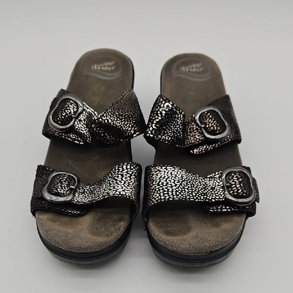 Dansko Black and Silver Wedge Sandals